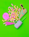 Summer sweet Fashion candy minimal scene. Kawaii vanilla party mood. Lolli pop and marshmallow. Hello Sunny Honey Royalty Free Stock Photo