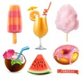 Summer, sweet food. Ice cream, orange juice, cotton candy, cocktail, watermelon and donut. 3d vector icon set Royalty Free Stock Photo