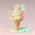 Summer Sweetness: Pastel-Colored Waffle Cone with Ice Cream Mix and Splashes. Generative AI Royalty Free Stock Photo