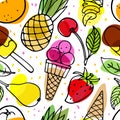 Summer sweets seamless pattern. Seasonal fruits, berries, ice cream. Summer party food. Season tropical repeated Royalty Free Stock Photo