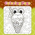 Summer sweets themed coloring page for kids with kawaii animal character frog shaped ice cream