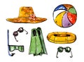 Summer swimming accessories. Hat, flippers, snorkle, ball, ring and glasses. Hand drawn watercolor set Royalty Free Stock Photo