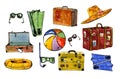 Summer swimming accessories. Suitcases, hat, flippers, snorkle Royalty Free Stock Photo