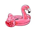 Summer Swimming Pool Inflantable Rubber Pink Flamingo Toy from a splash of watercolor, colored drawing, realistic