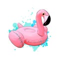 Summer Swimming Pool Inflantable Rubber Pink Flamingo Toy from a splash of watercolor, colored drawing, realistic
