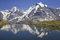 Summer in the Swiss Alps, Murren area, overlooking the Monch and Jungfrau mountains reflected in Grauseewli Lake, Switzerland