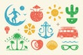 Summer symbols and objects set vector illustration. Bright sun on tropical island with palm trees and umbrella Royalty Free Stock Photo