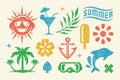 Summer symbols and objects set vector illustration. Triple palm tree on island with flower and old anchor Royalty Free Stock Photo