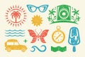 Summer symbols and objects set vector illustration. Tropical palm tree in sun and jeep for travel