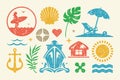 Summer symbols and objects set vector illustration. Tropical sunbed under umbrella and sun with sea ship