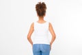 Summer t shirt design back view. close up of young afro american woman in blank template white t-shirt. Mock up. Copy space Royalty Free Stock Photo