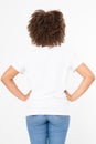 Summer t shirt design and people concept close up of young afro american woman in blank template white t-shirt. Mock up. Back view Royalty Free Stock Photo
