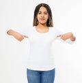 Summer t shirt design and people concept close up of young afro american woman in blank template white t-shirt. Mock up. Copy Royalty Free Stock Photo