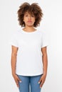 Summer t shirt design and people concept close up of young afro american woman in blank template white t-shirt. Royalty Free Stock Photo
