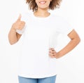 Summer t shirt design and people concept close up of young afro american woman in blank template white t-shirt. Mock up. Copy Royalty Free Stock Photo