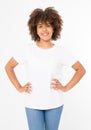 Summer t shirt design and people concept close up of young afro american woman in blank template white t-shirt. Mock up. Copyspace Royalty Free Stock Photo