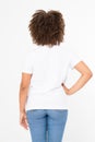 Summer t shirt design and people concept close up of young afro american woman in blank template white t-shirt. Mock up. Back view Royalty Free Stock Photo