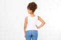 Summer t shirt design and people concept close up of young afro american woman in blank template white t-shirt. Mock up. Back view Royalty Free Stock Photo