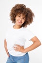 Summer t shirt design and people concept close up of young afro american woman in blank template white t-shirt. Mock up. Royalty Free Stock Photo