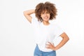 Summer t shirt design and people concept close up of young afro american woman in blank template white t-shirt. Mock up. Royalty Free Stock Photo