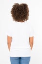 Summer t shirt design and people concept close up of young afro american woman in blank template white t-shirt. Mock up. Royalty Free Stock Photo