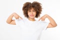 Summer t shirt design and people concept close up of young afro american woman in blank template white t-shirt. Mock up.