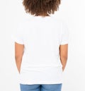 Summer t shirt design and people concept close up of young afro american woman in blank template white t-shirt. Mock up. Royalty Free Stock Photo