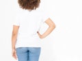 Summer t shirt design and people concept close up of young afro american woman in blank template white t-shirt. Mock up. Royalty Free Stock Photo