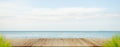 Summer Table on Sea Background Bar Counter Wooden on Ocean with Cloud Blue Sky on Sun Day,Empty Desk Mockup on water Nature