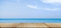 Summer Table on Sea Background Bar Counter Wooden on Ocean with Cloud Blue Sky on Sun Day,Empty Desk Mockup on water Nature