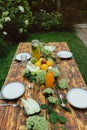 Summer table set. Outdoor brunch. Dining table decorated fresh flowers and fruits. Royalty Free Stock Photo