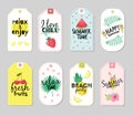 Summer tags. Beach vacation, summer travel graphic with lettering. Cocktail, sun and fresh fruits, ice cream sale promo