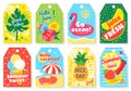 Summer tags. Summertime labels with watermelon, strawberries. Gift tag with fruits, flowers, tropical leaves, ice cream