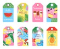 Summer tags. Tropical tag, scrapbook gift cards with fruits and beach elements. Fashion travelling banners, fun travel Royalty Free Stock Photo