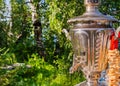 Summer tea in the open air. An antique samovar with bagels stands on a table in a birch forest