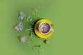 Summer tea party: yellow cup of tea with purple chamomile, daisies around it, pastel background, top view