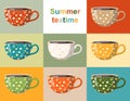 Summer teatime. Colorful collection of cups with floral pattern. Crockery design with beautiful white and yellow flowers Royalty Free Stock Photo