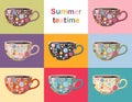 Summer teatime. Cute collection of cups with floral pattern. Crockery design with beautiful flowers