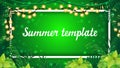 Summer template design, green banner with white line frame with garland for your text and tropical jungle frame Royalty Free Stock Photo