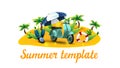 Summer template design with island with tropical elements, scooter with a beach umbrella, diving mask, fins and lifebuoy Royalty Free Stock Photo