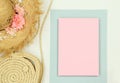 Summer template frame mockup with straw hat and bag