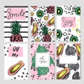 Summer templates with hand drawn tropic fruts and plants