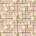 Summer tender seamless floral pattern with light dandelion flowers and green twigs. Pink background with check