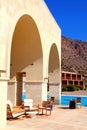 Summer terrace with pool and outdoor furniture Royalty Free Stock Photo