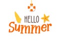 Summer text banner with beach and marine elements - starfish, seashell and life buoy. Vector illustration design