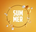 Summer Text Inside Circle Gold Frame on Orange Background. Stylish Minimal 3D Rendering Object