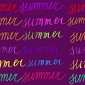 Summer text on purple background. neon multicolored summer word. Seamless pattern. Print, packaging, wallpaper, textile, fabric de
