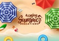 Summer text vector banner design. Summer vacation typography with colorful beach elements like umbrella, floating floaters.