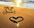 Summer text wishes quotes ocean   heart symbol  on beach sand at sunset sea blurred light nature landscape romantic background cop Royalty Free Stock Photo
