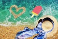 Summer text and women hat with blue bow scarp on green water wave tropical island background banner concept copy space